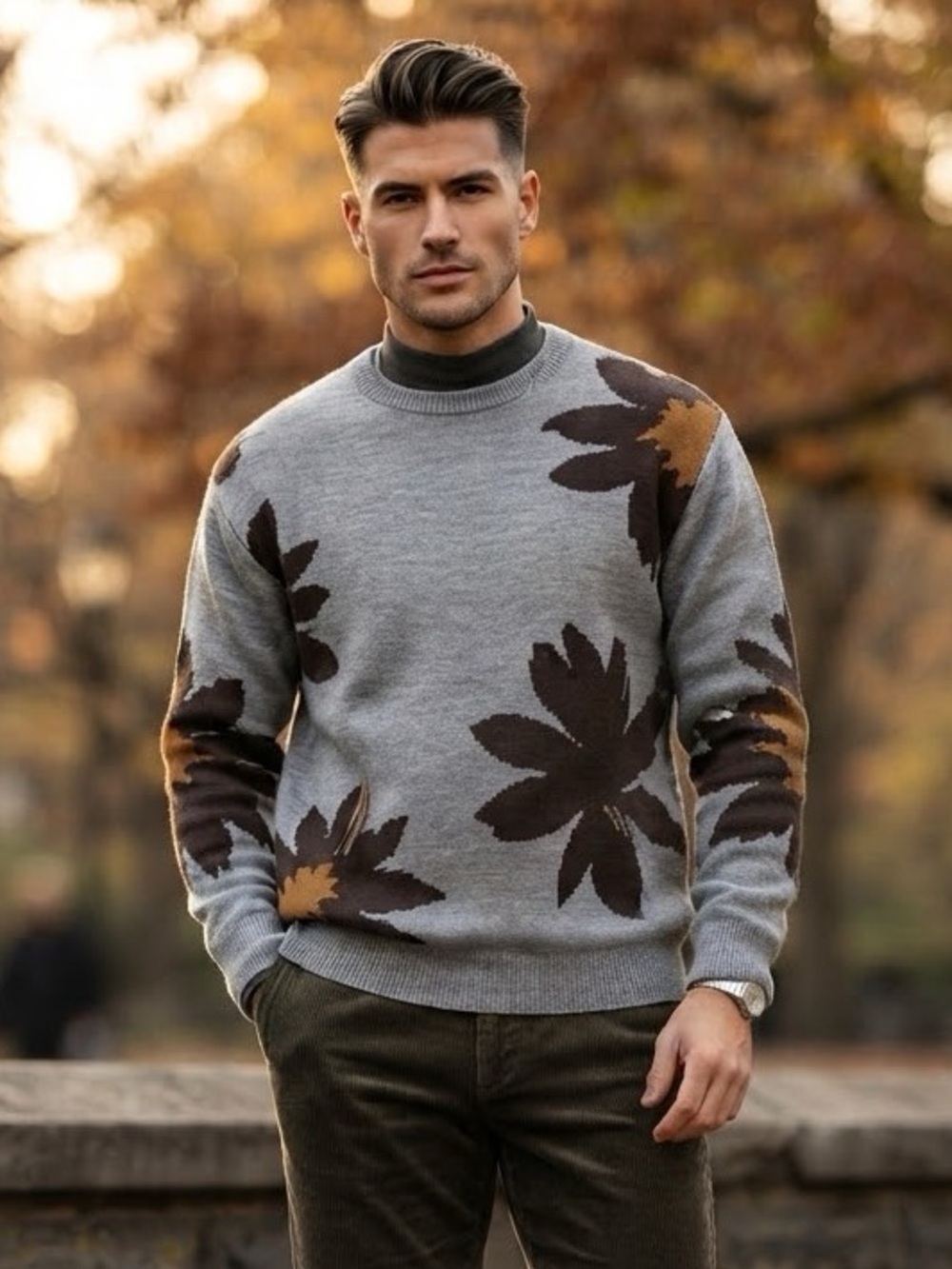 ASOS Men’s Oversized knit Sunflower Crewneck Sweater in Gray, Brown & Gold Xl